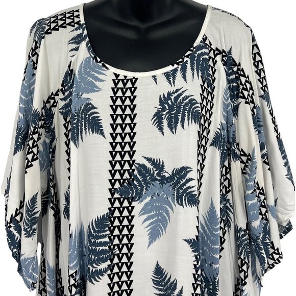 Kamohoalii Womens XXL Rayon Kaftan Top Blue Fern Tunic Scoop Aloha Hawaiian EUC - Picture 2 of 10